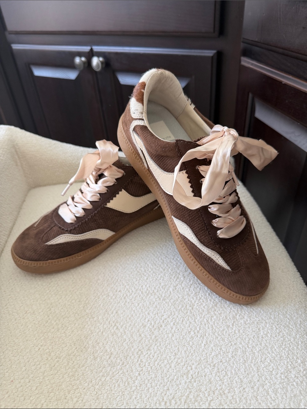 Dolce Vita Brown and Cream Suede Sneakers with Satin Laces
